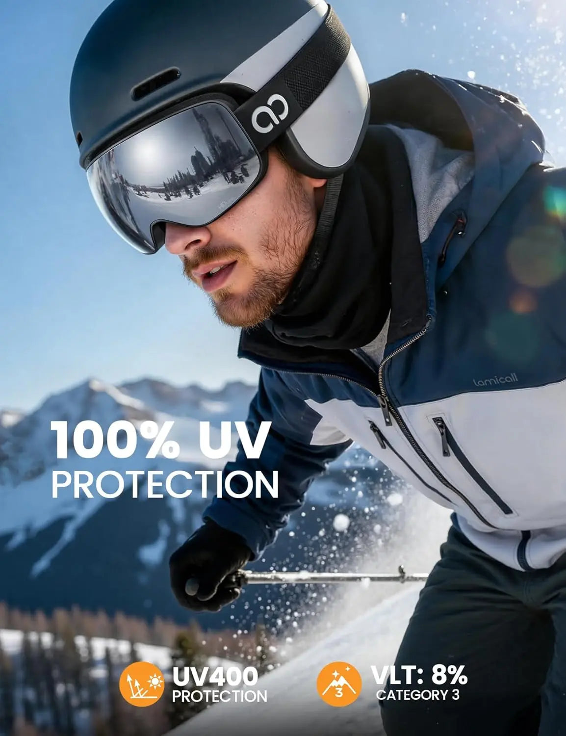 Ski Goggles with Ultra HD Lens - 100% UV Protection, 3X Anti-Fog & OTG Design for Skiing, Snowboarding, Snowmobile