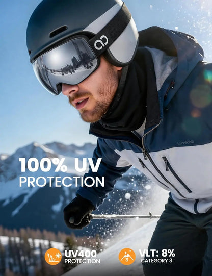 Ski Goggles with Ultra HD Lens - 100% UV Protection, 3X Anti-Fog & OTG Design for Skiing, Snowboarding, Snowmobile