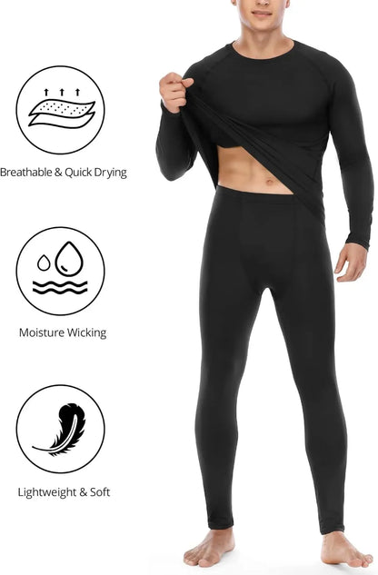 Thermal Underwear for Men, Fleece Lined Long Johns Base Layer Set Long Sleeve Compression Top and Bottom Cold Weather