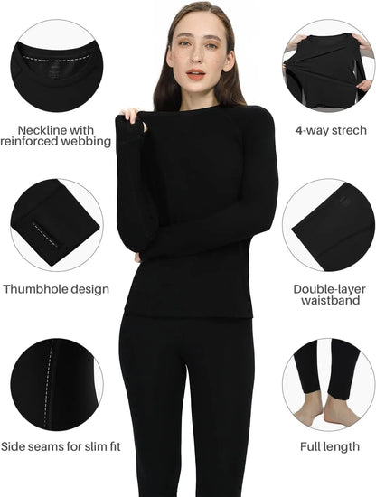 Thermal Underwear Women, Base Layer Long Johns Ultra-Soft Thermal Sets Lightweight Fleece Lined Top and Bottom Set
