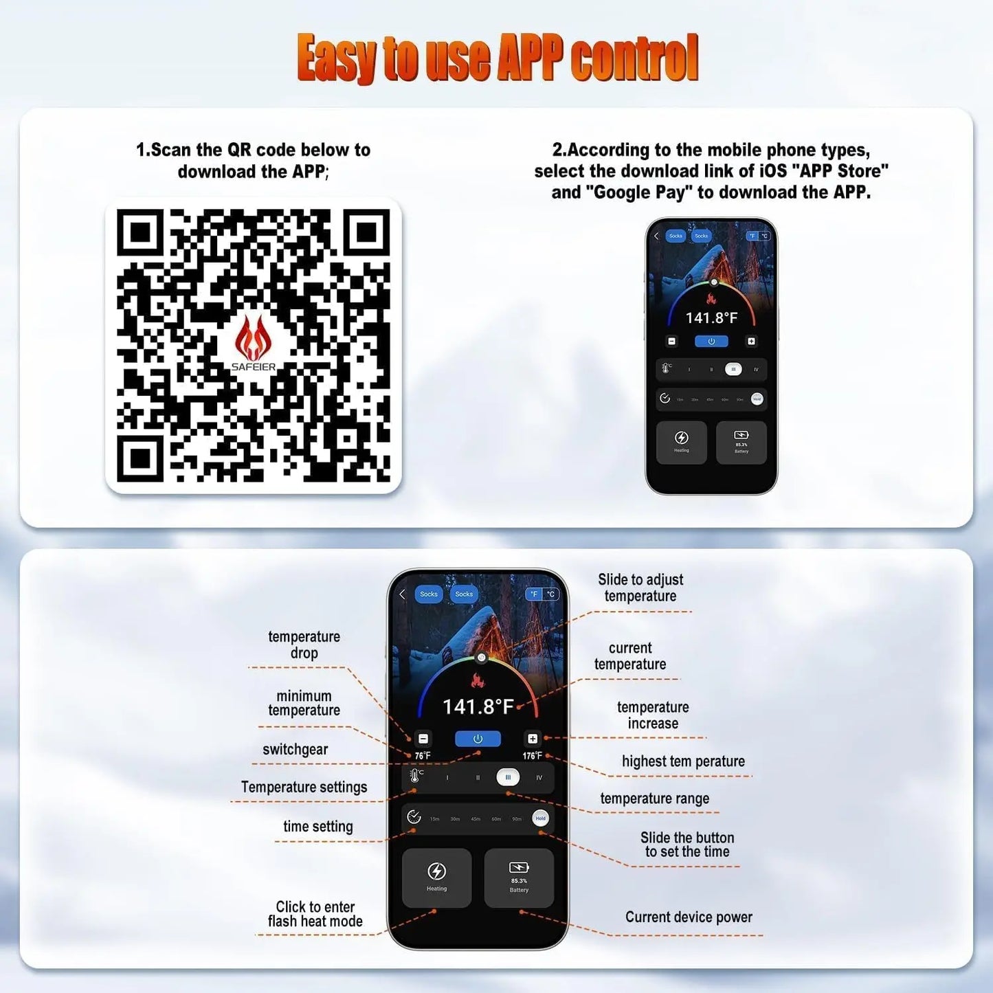 Heated Socks APP Control for Men Women, 6000Mah*2 Battery Heated Socks, Rechargeable Smart Foot Warmers Washable for Camping Fishing Cycling Skiing Skating Hiking